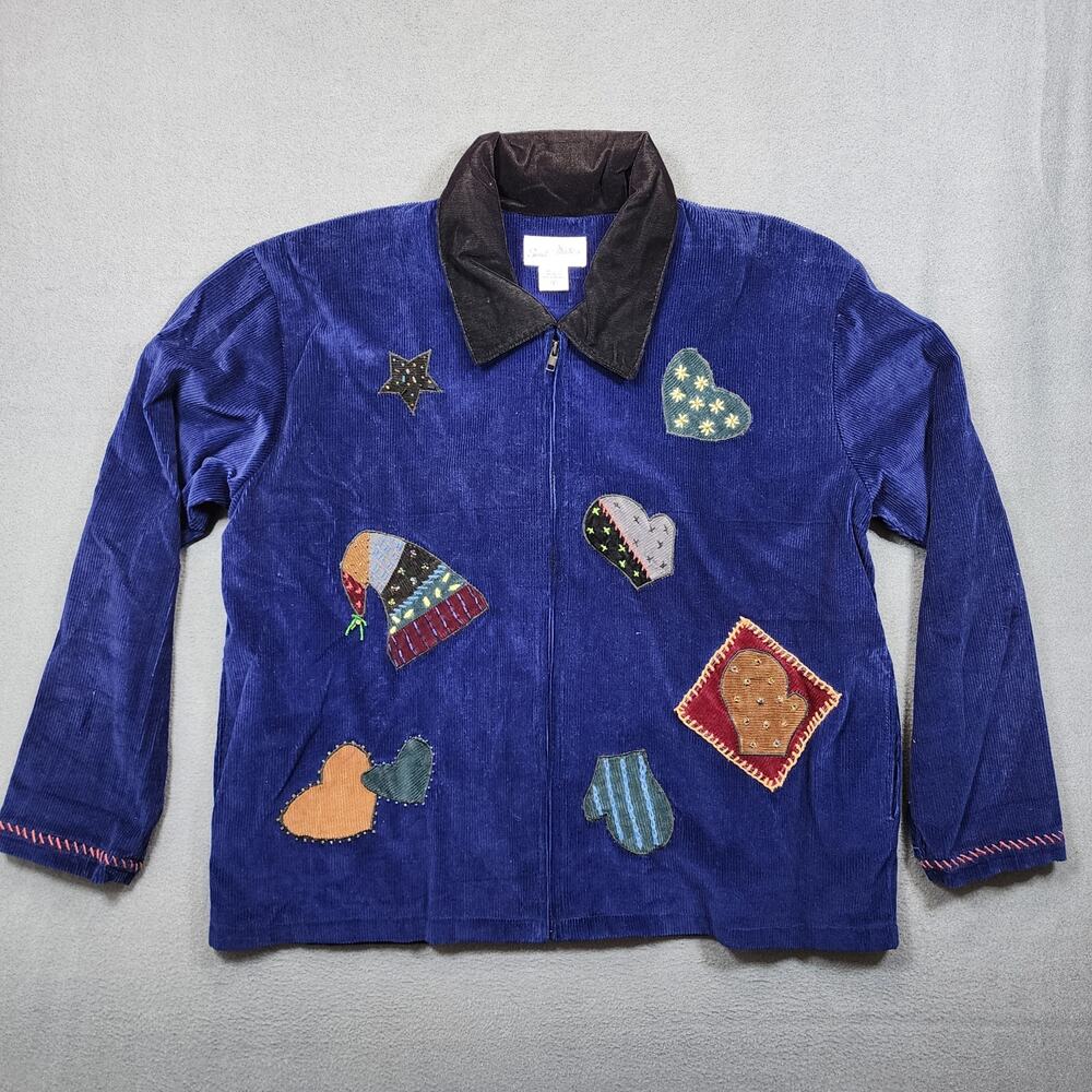 Soul Mates Womens Blazer Jacket Large Blue Corduroy Velvet Embroidered Granny